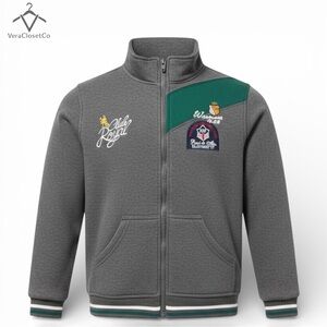 Newness Casual Wear Kids Cozy Fleece Jacket Gray Green Embroidered Size 11/12